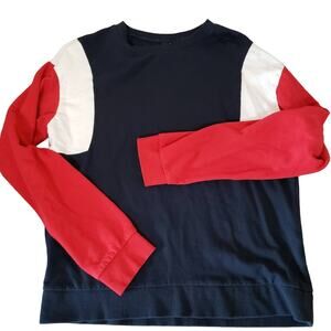 Y2K H&M Womens Shirt Oversized Colorblock Cotton Relaxed Casual Crew Neck Blue S